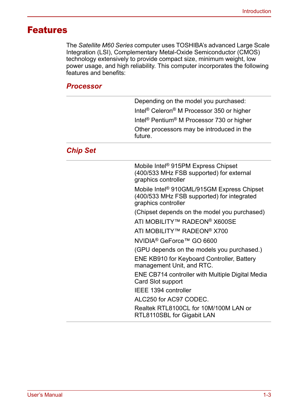 Features, Features -3, Processor chip set | Toshiba Satellite M60 User Manual | Page 27 / 168