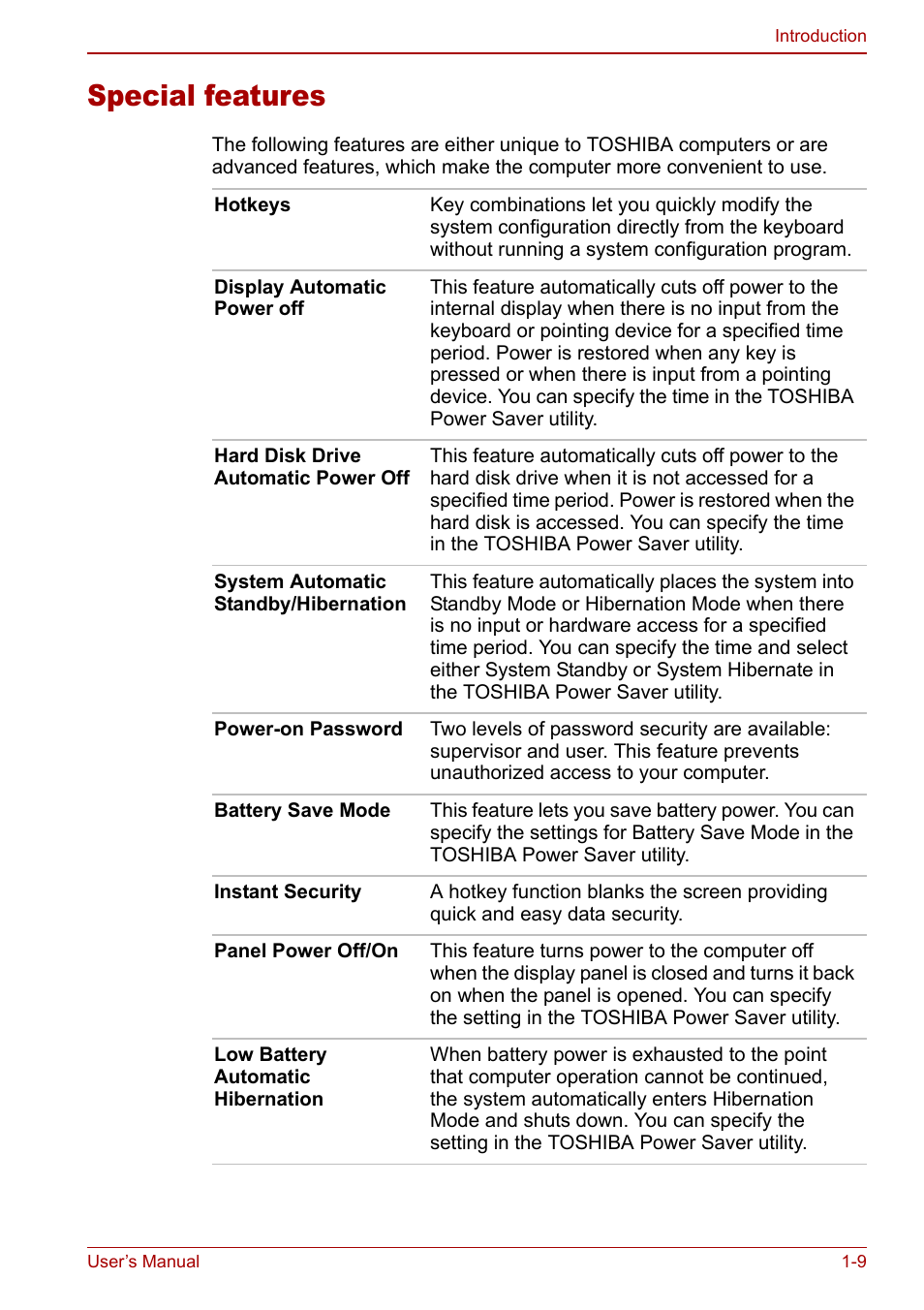 Special features, Special features -9 | Toshiba Satellite M60 User Manual | Page 33 / 168