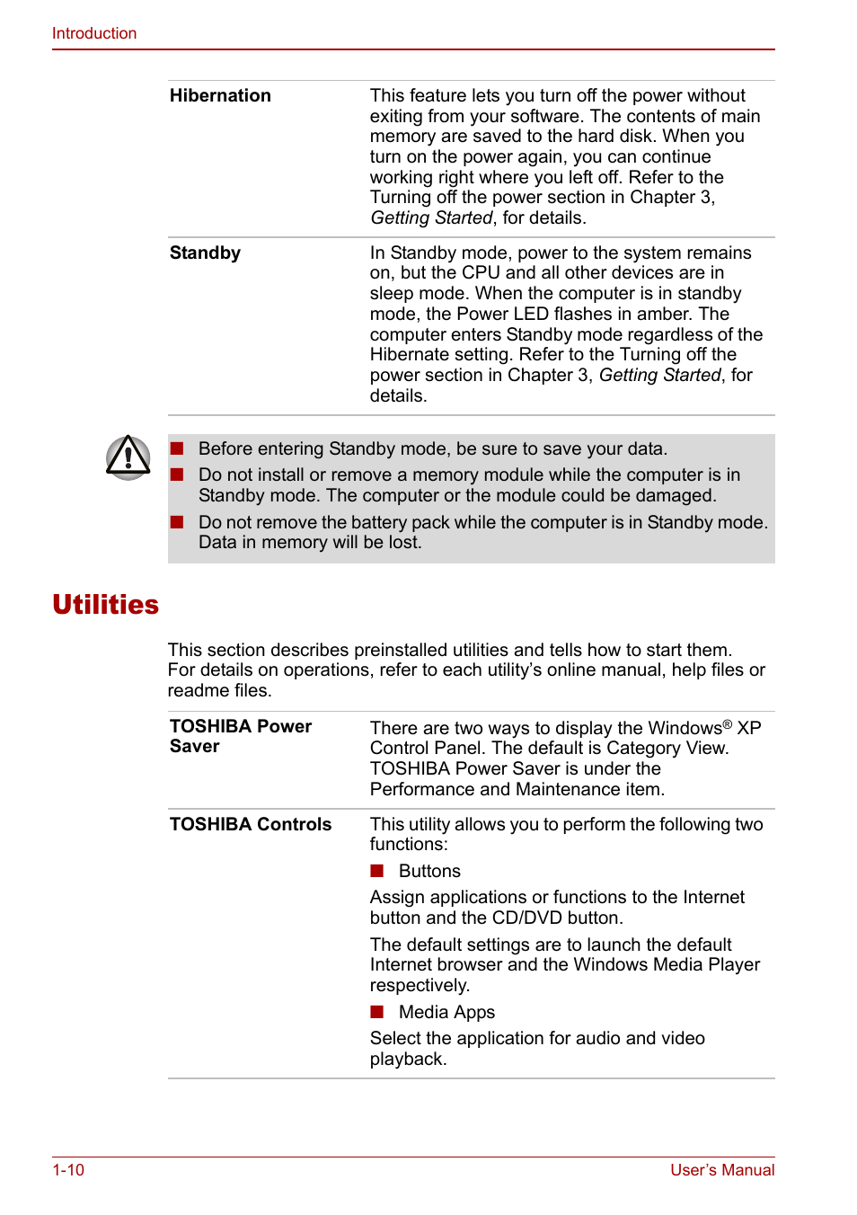 Utilities, Utilities -10 | Toshiba Satellite M60 User Manual | Page 34 / 168