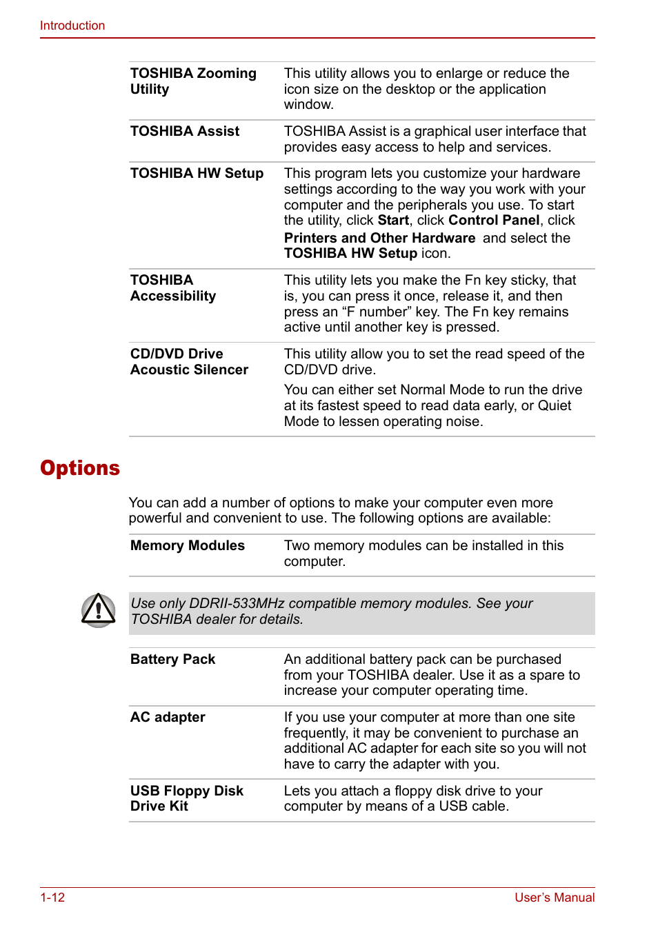 Options, Options -12 | Toshiba Satellite M60 User Manual | Page 36 / 168