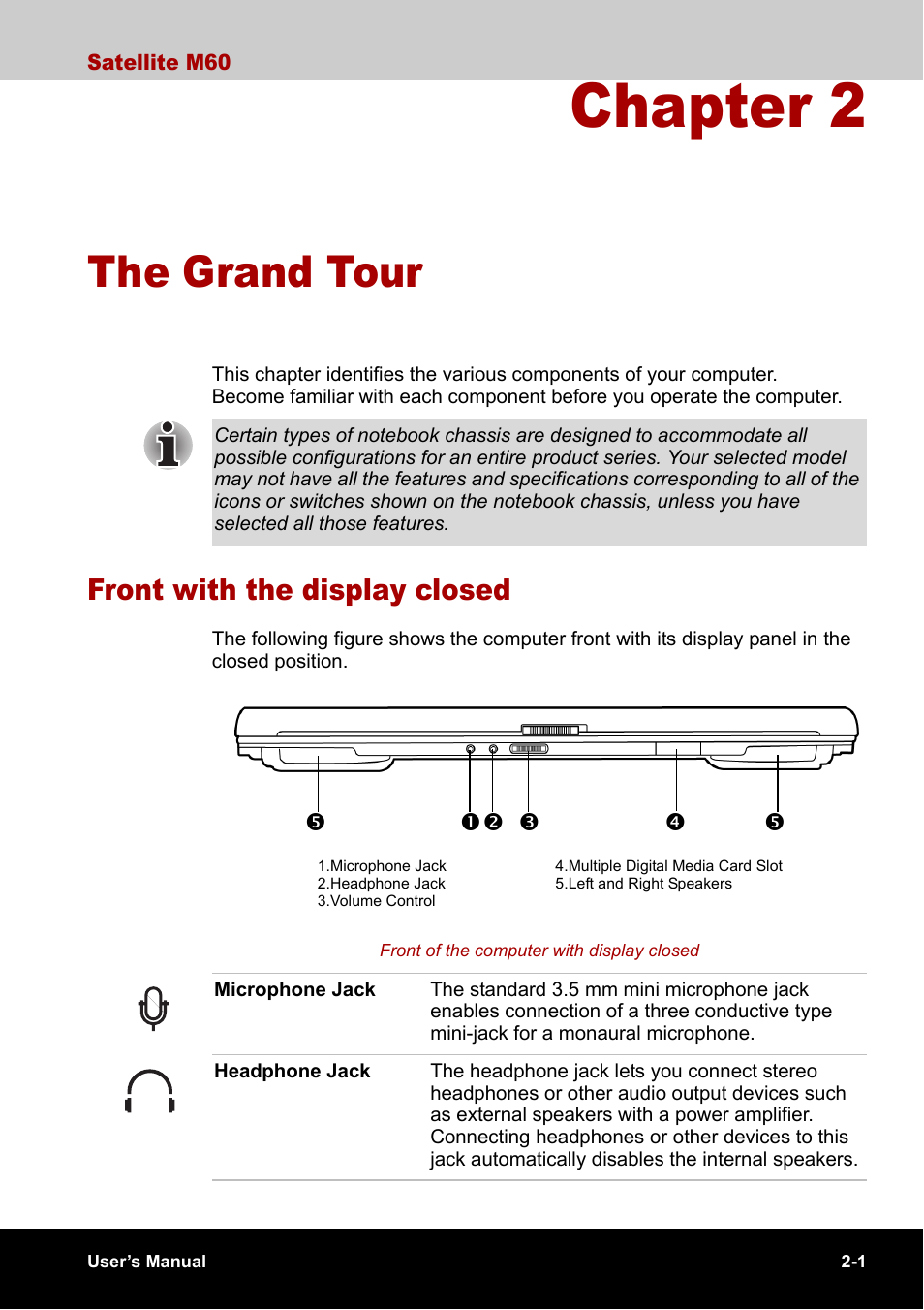 Chapter 2 - the grand tour, Front with the display closed, Chapter 2 | The grand tour, Front with the display closed -1 | Toshiba Satellite M60 User Manual | Page 37 / 168