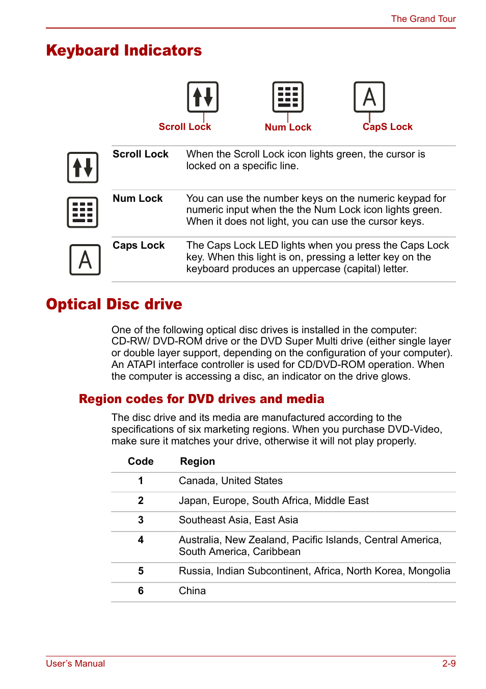 Keyboard indicators, Optical disc drive, Keyboard indicators -9 optical disc drive -9 | Keyboard indicators optical disc drive, Region codes for dvd drives and media | Toshiba Satellite M60 User Manual | Page 45 / 168