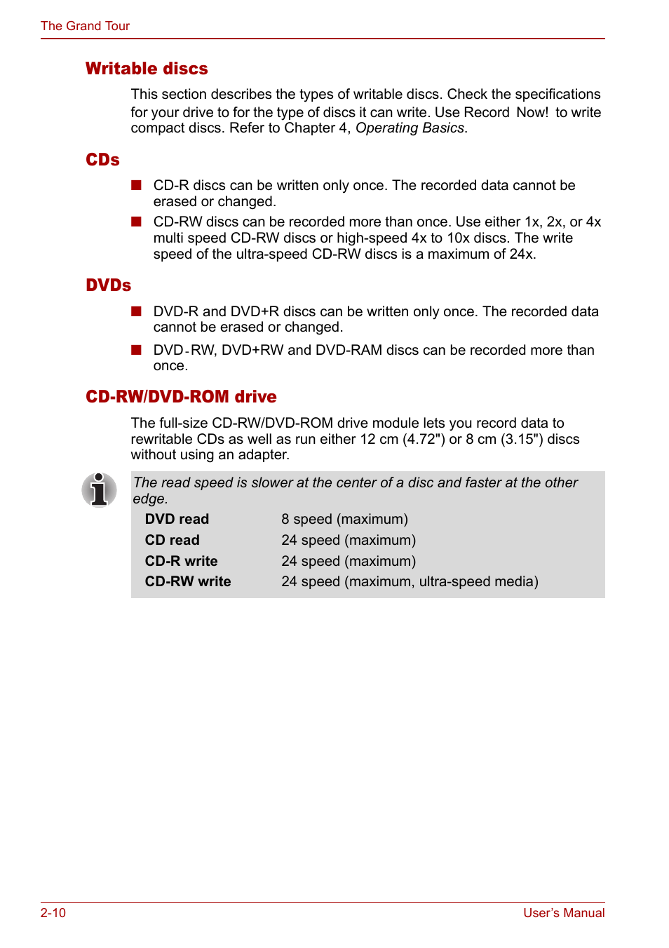Writable discs, Dvds, Cd-rw/dvd-rom drive | Toshiba Satellite M60 User Manual | Page 46 / 168