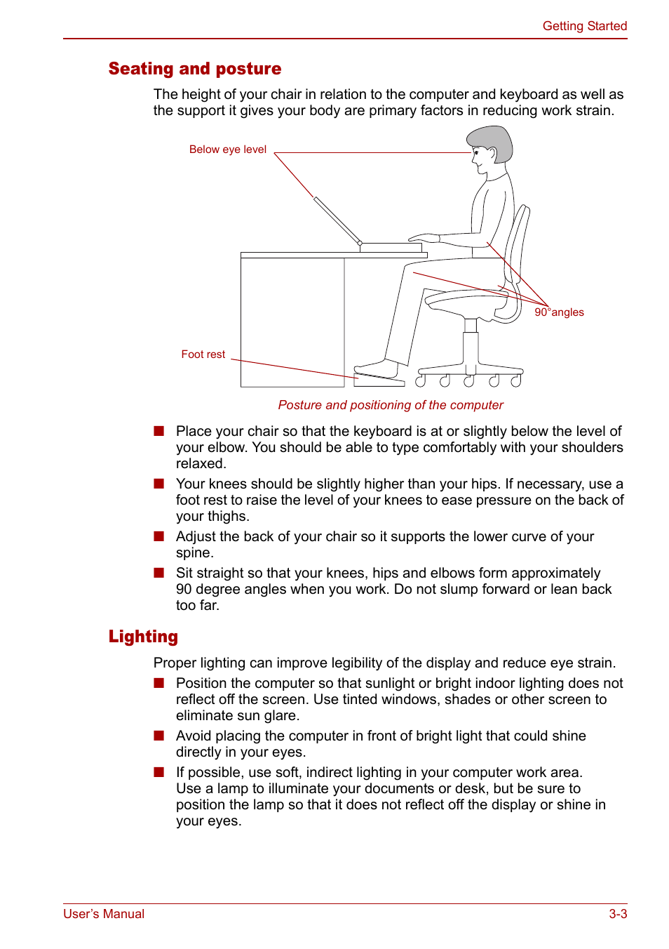 Seating and posture, Lighting | Toshiba Satellite M60 User Manual | Page 51 / 168