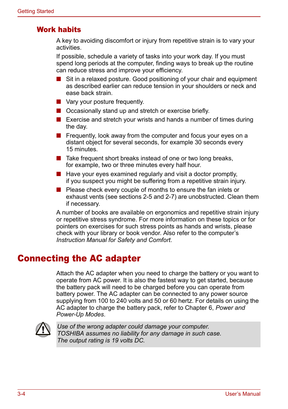 Connecting the ac adapter, Connecting the ac adapter -4, Work habits | Toshiba Satellite M60 User Manual | Page 52 / 168