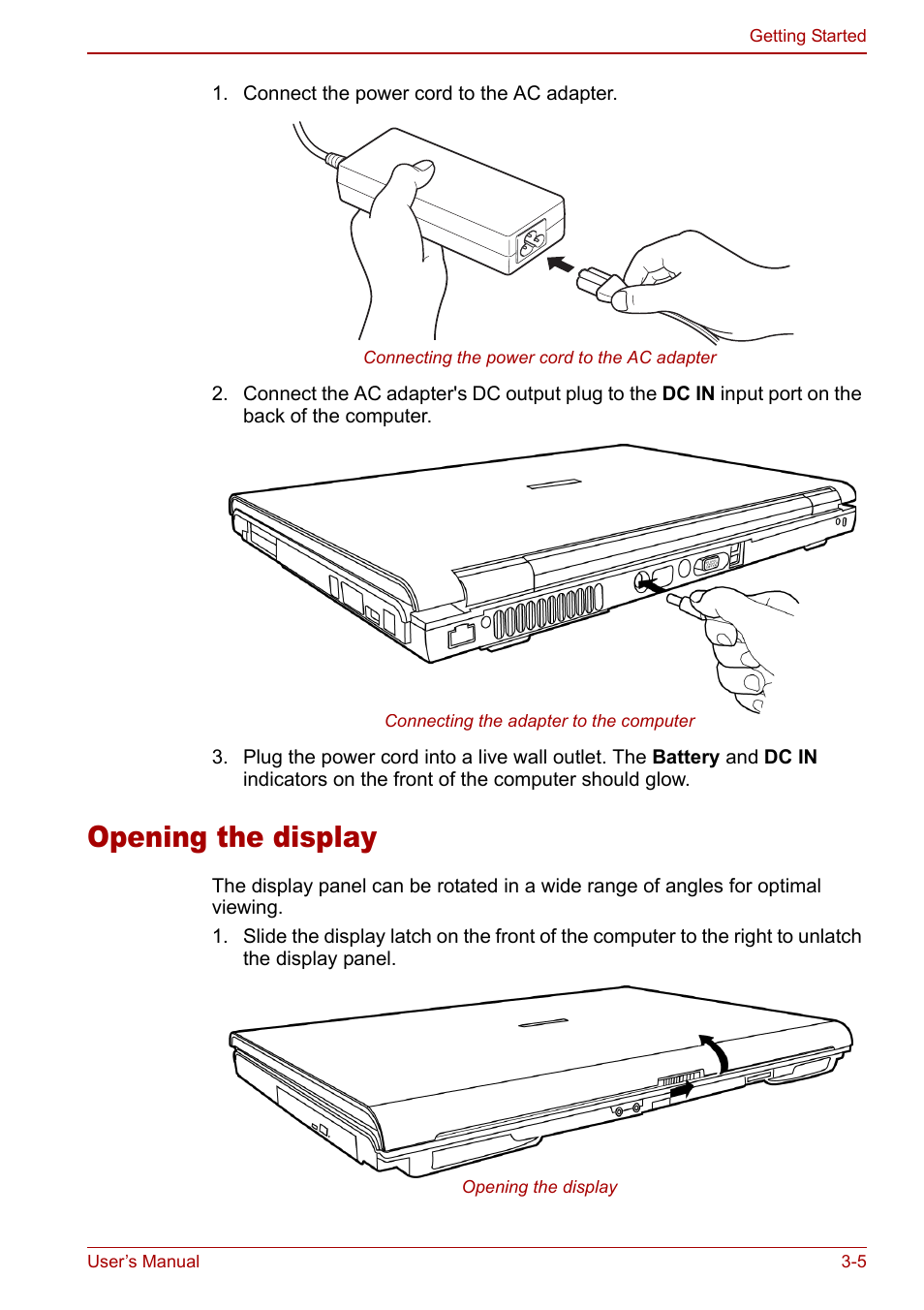 Opening the display, Opening the display -5 | Toshiba Satellite M60 User Manual | Page 53 / 168