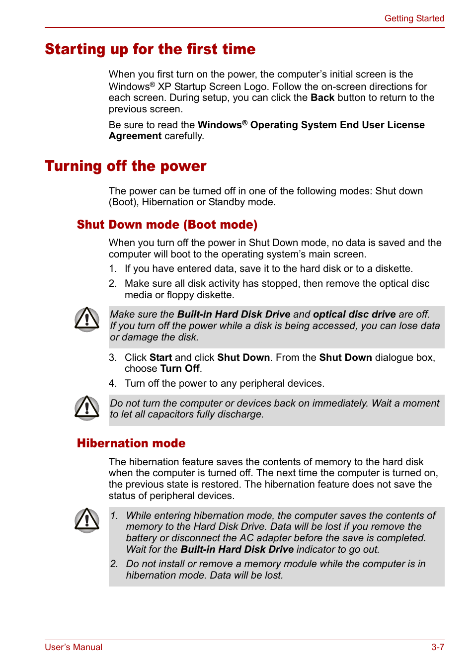 Starting up for the first time, Turning off the power, Shut down mode (boot mode) | Hibernation mode | Toshiba Satellite M60 User Manual | Page 55 / 168