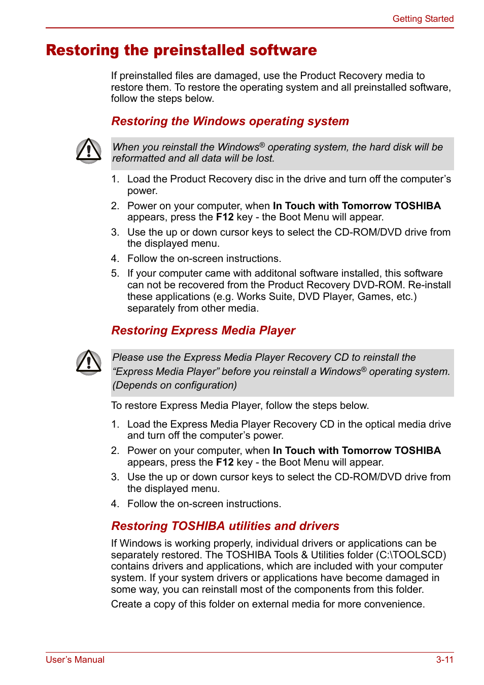Restoring the preinstalled software, Restoring the preinstalled software -11 | Toshiba Satellite M60 User Manual | Page 59 / 168