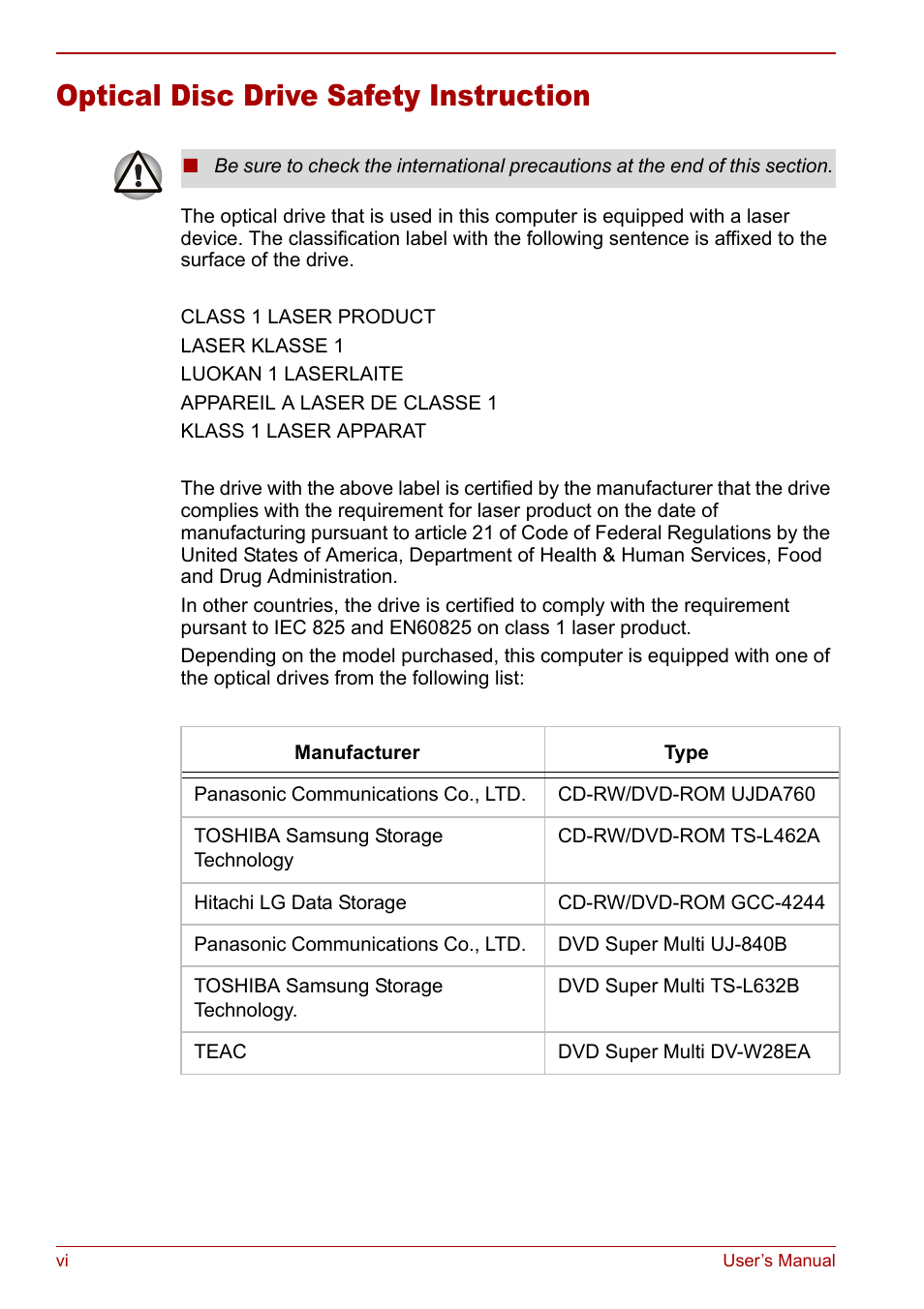 Optical disc drive safety instruction | Toshiba Satellite M60 User Manual | Page 6 / 168