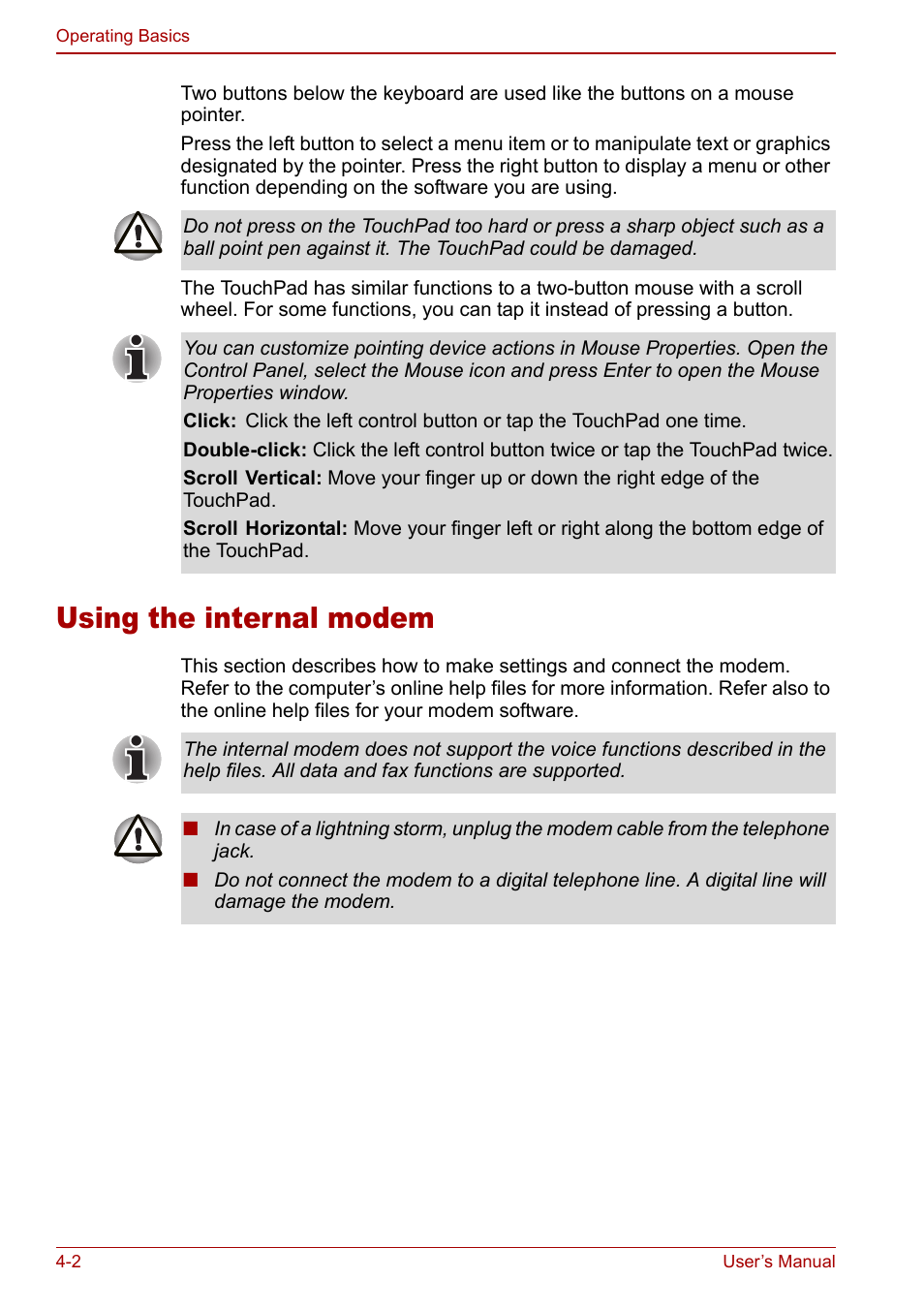 Using the internal modem, Using the internal modem -2 | Toshiba Satellite M60 User Manual | Page 62 / 168