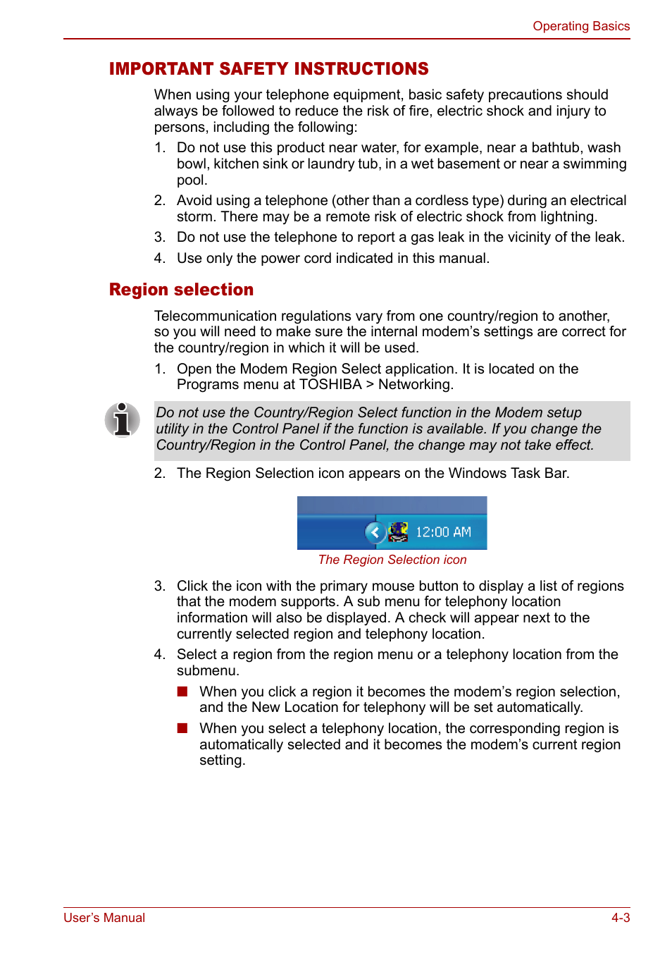Important safety instructions, Region selection | Toshiba Satellite M60 User Manual | Page 63 / 168