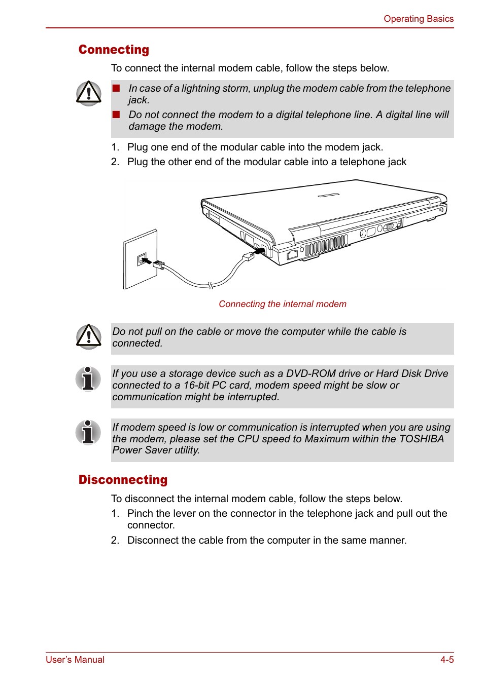 Connecting, Disconnecting | Toshiba Satellite M60 User Manual | Page 65 / 168