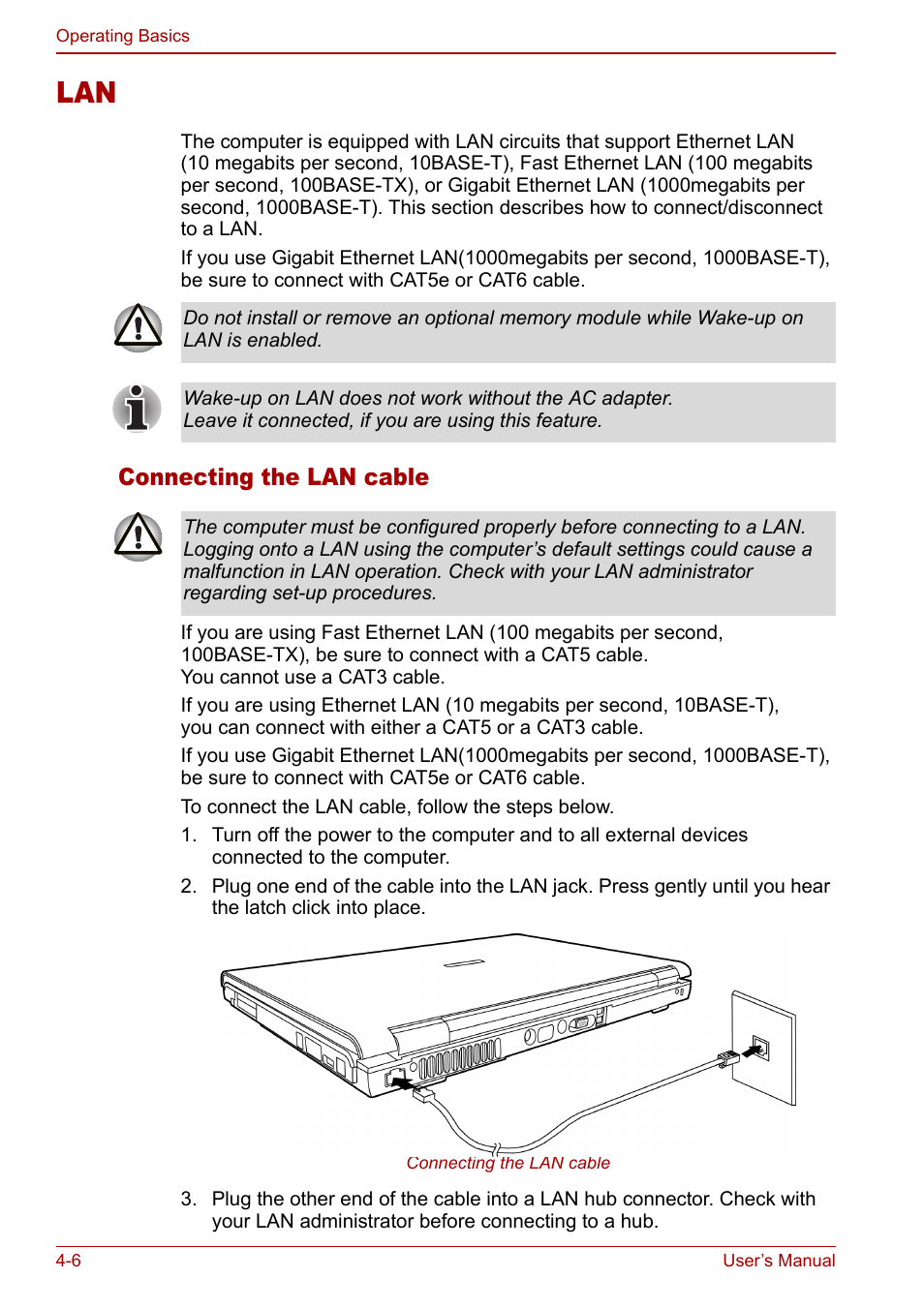 Lan -6, Connecting the lan cable | Toshiba Satellite M60 User Manual | Page 66 / 168