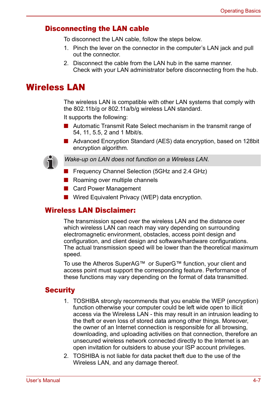 Wireless lan, Wireless lan -7, Disconnecting the lan cable | Wireless lan disclaimer, Security | Toshiba Satellite M60 User Manual | Page 67 / 168