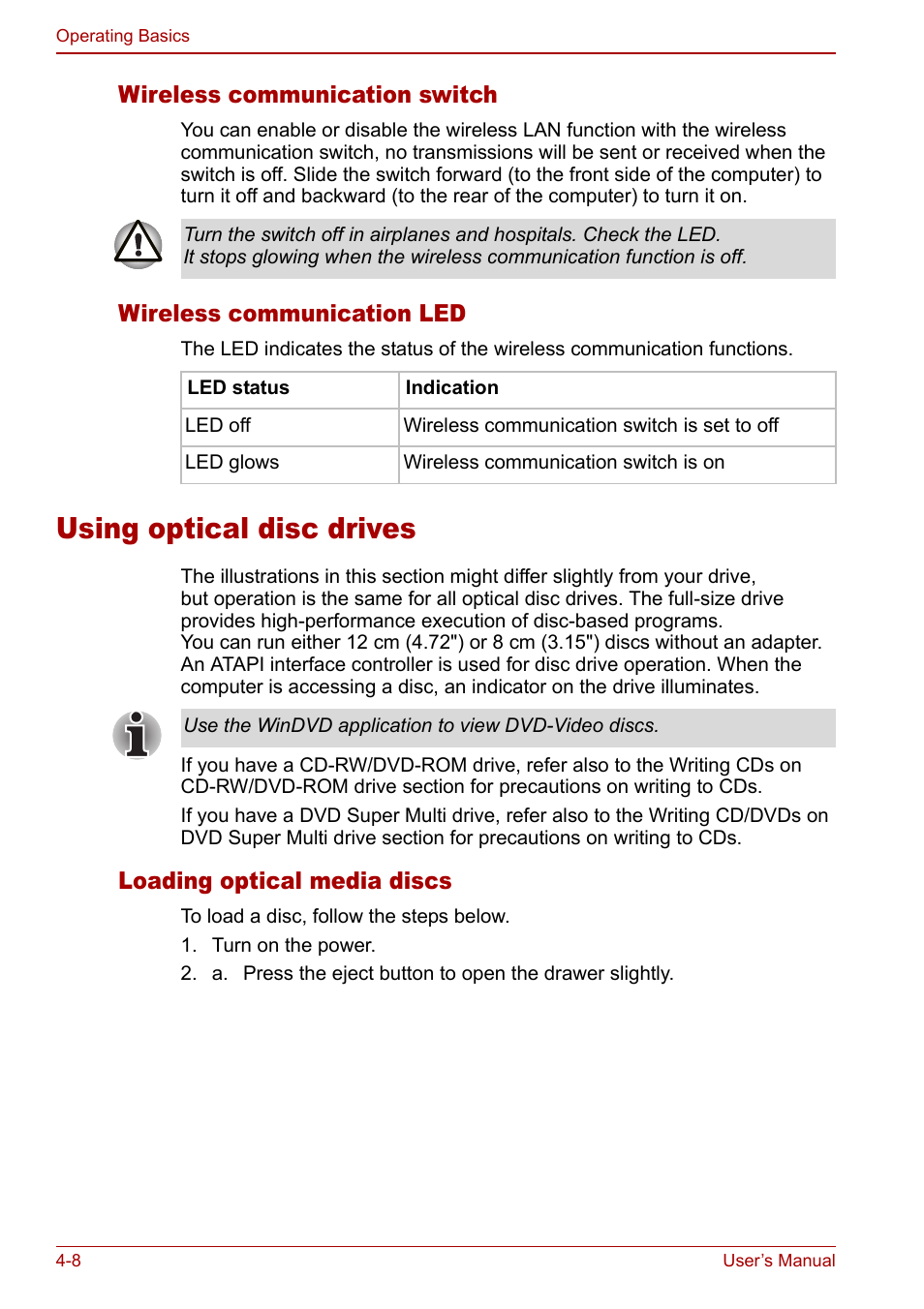 Using optical disc drives, Using optical disc drives -8, Wireless communication switch | Wireless communication led, Loading optical media discs | Toshiba Satellite M60 User Manual | Page 68 / 168