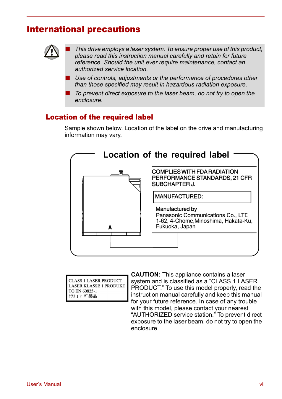 International precautions, Location of the required label | Toshiba Satellite M60 User Manual | Page 7 / 168