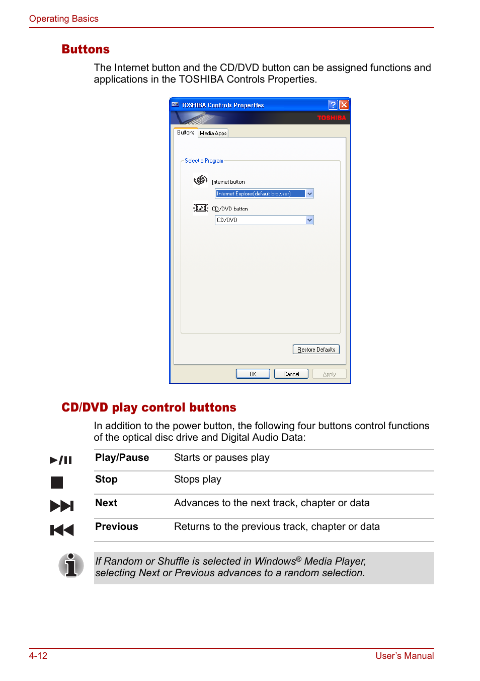 Buttons, Cd/dvd play control buttons | Toshiba Satellite M60 User Manual | Page 72 / 168