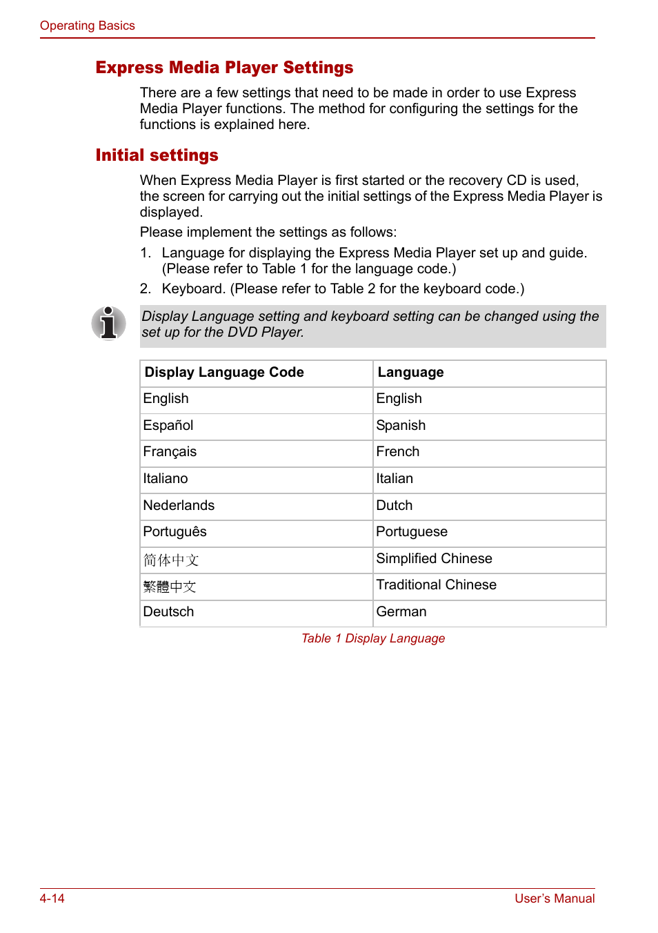 Express media player settings, Initial settings | Toshiba Satellite M60 User Manual | Page 74 / 168