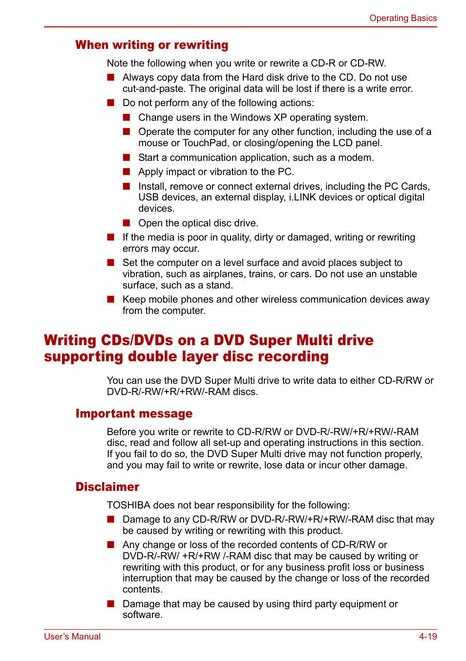 When writing or rewriting, Important message, Disclaimer | Toshiba Satellite M60 User Manual | Page 79 / 168