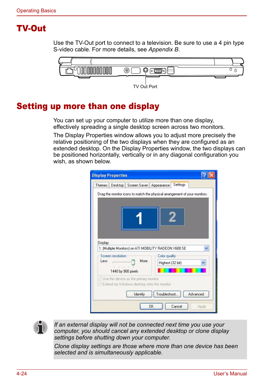 Tv-out, Setting up more than one display, Tv-out -24 setting up more than one display -24 | Toshiba Satellite M60 User Manual | Page 84 / 168