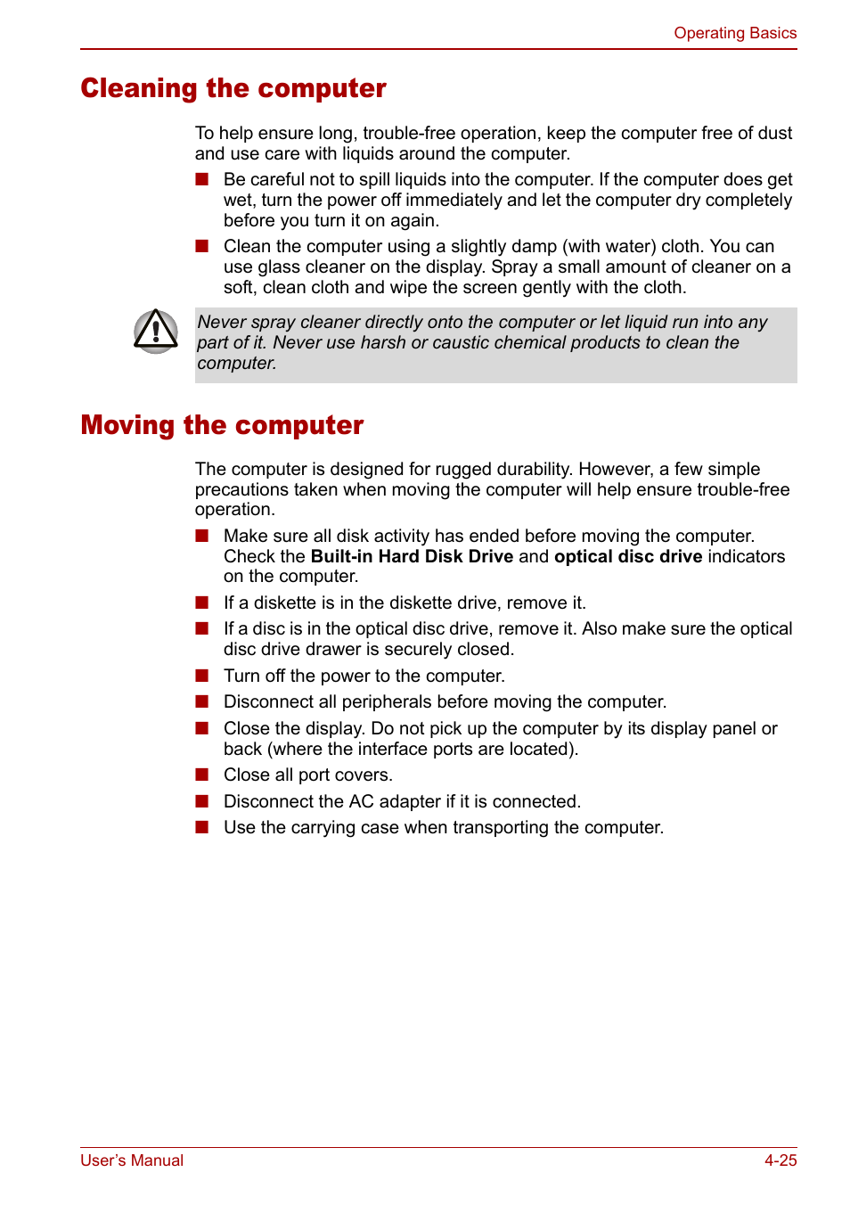 Cleaning the computer, Moving the computer, Cleaning the computer -25 moving the computer -25 | Toshiba Satellite M60 User Manual | Page 85 / 168