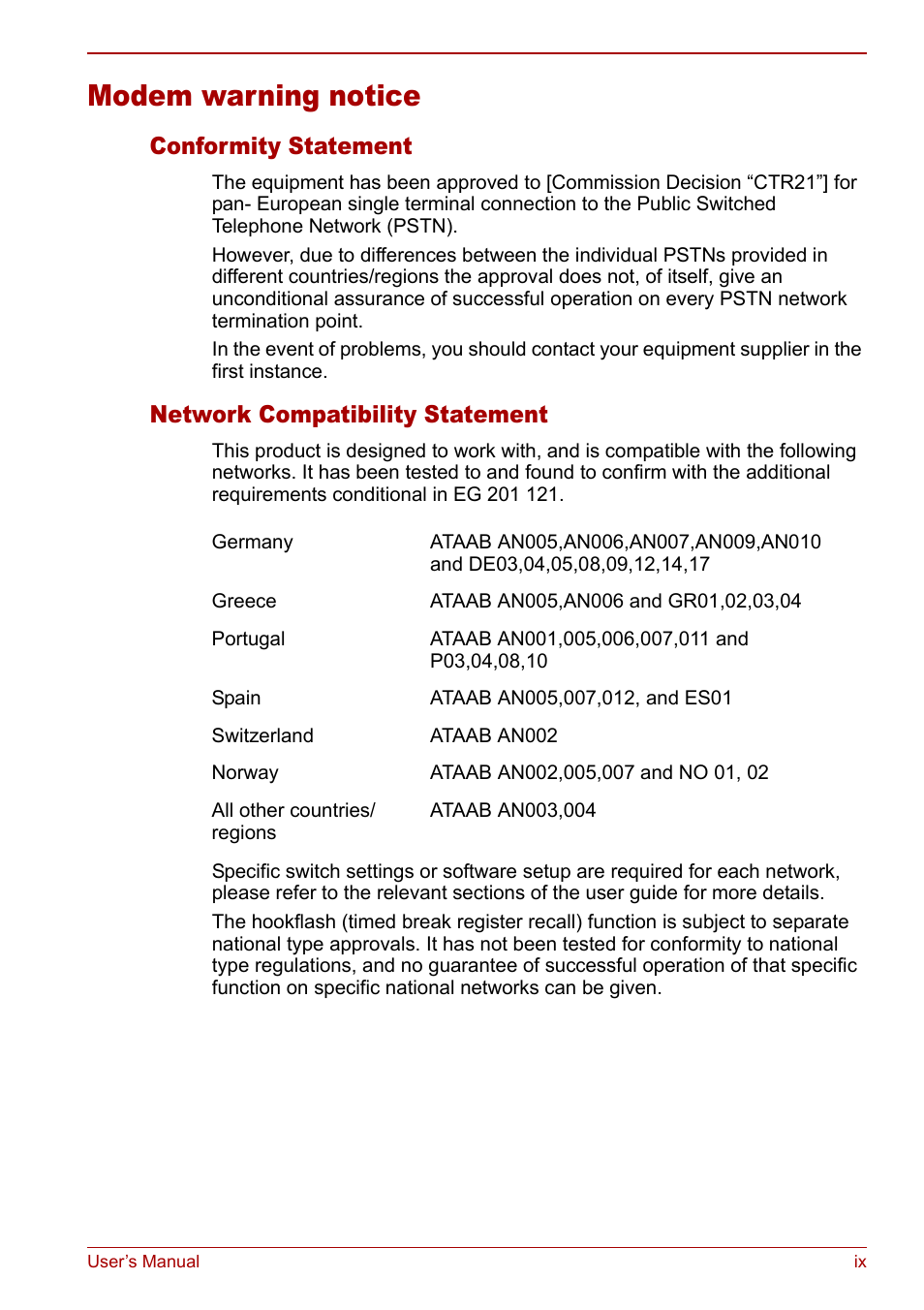 Modem warning notice, Conformity statement, Network compatibility statement | Toshiba Satellite M60 User Manual | Page 9 / 168