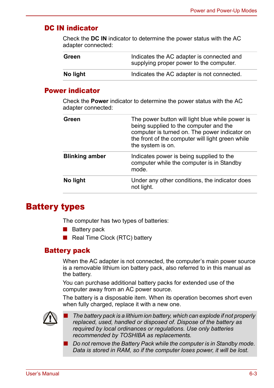 Battery types, Battery types -3, Dc in indicator | Power indicator, Battery pack | Toshiba Satellite M60 User Manual | Page 93 / 168