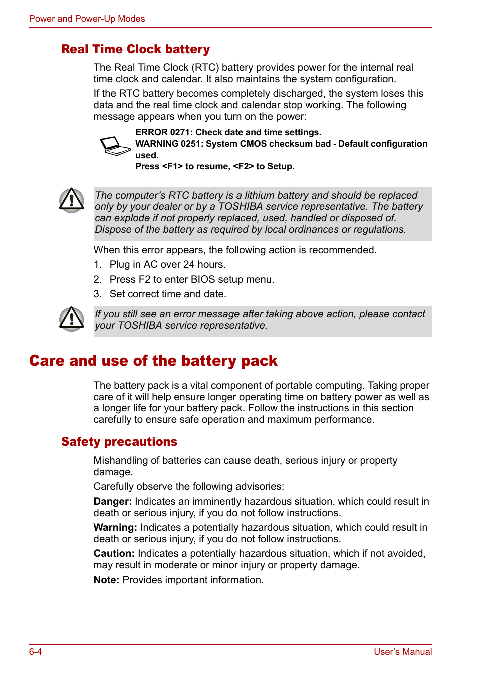 Care and use of the battery pack, Care and use of the battery pack -4, Real time clock battery | Safety precautions | Toshiba Satellite M60 User Manual | Page 94 / 168