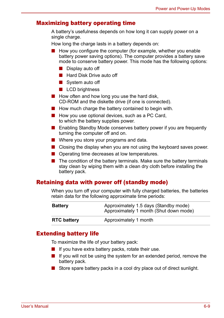 Maximizing battery operating time, Retaining data with power off (standby mode), Extending battery life | Toshiba Satellite M60 User Manual | Page 99 / 168