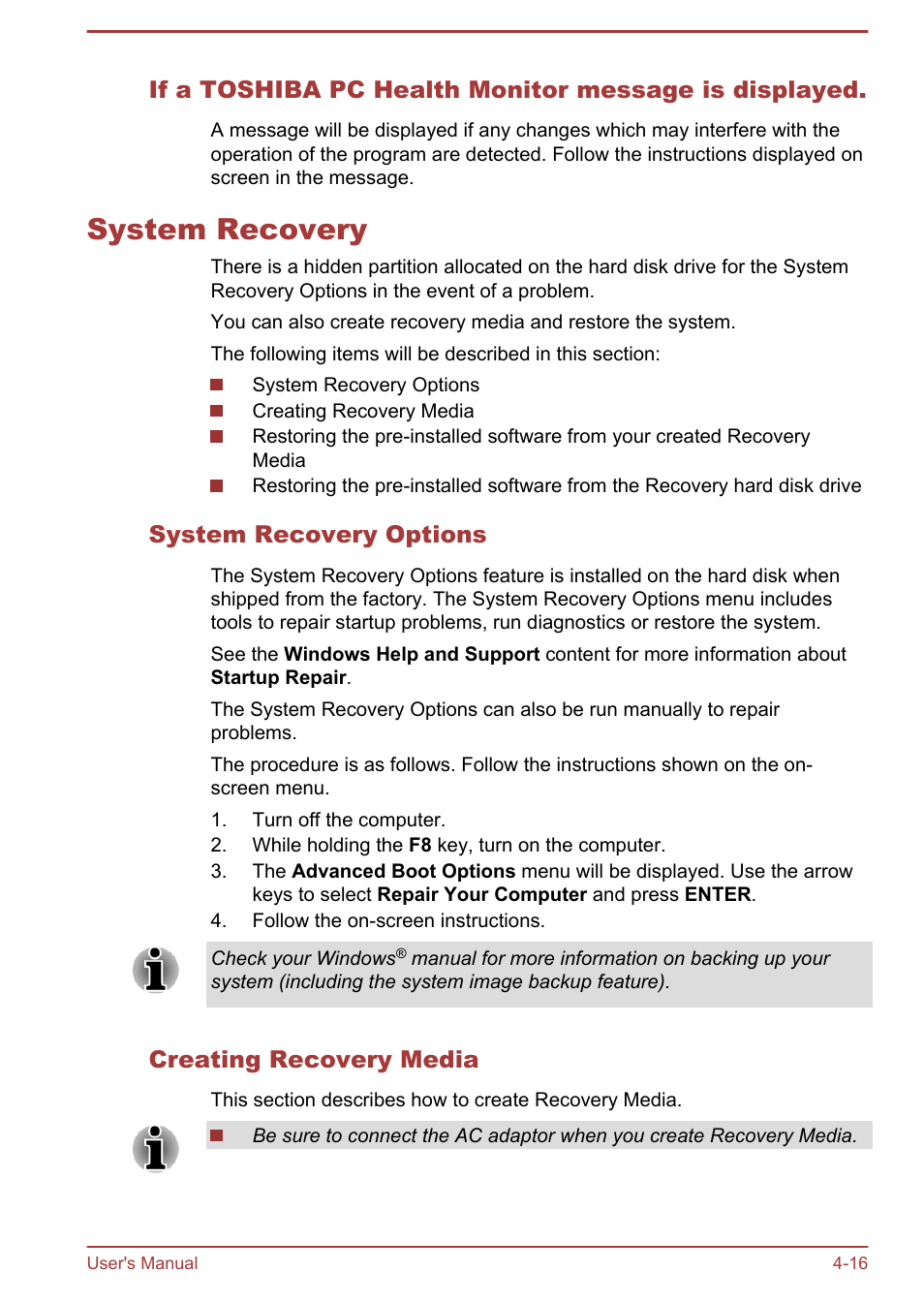 System recovery, System recovery options, Creating recovery media | System recovery -16 | Toshiba Qosmio DX730 User Manual | Page 106 / 142