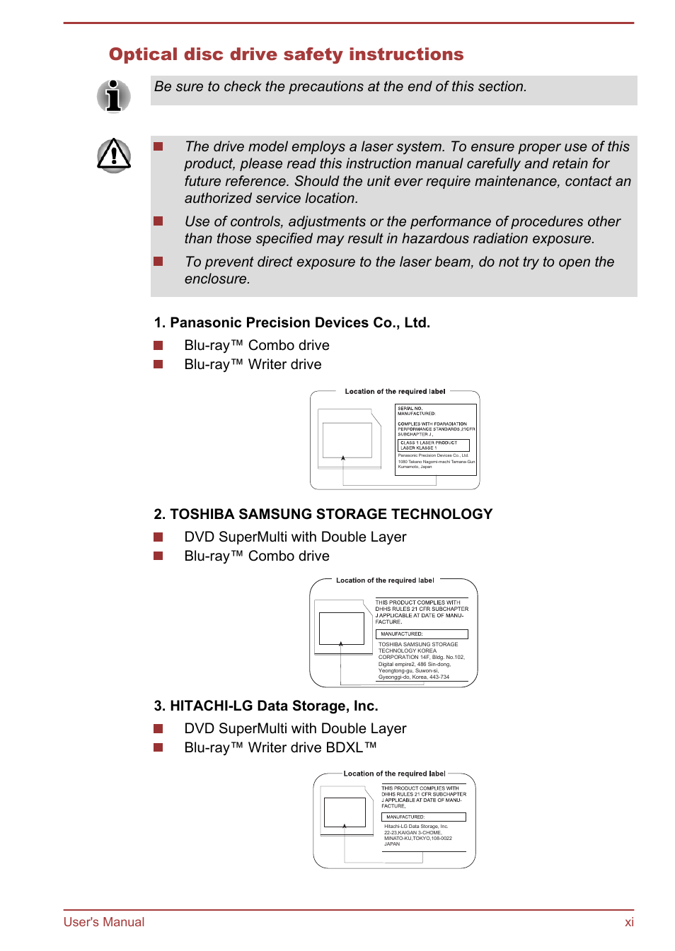Optical disc drive safety instructions, User's manual xi | Toshiba Qosmio DX730 User Manual | Page 11 / 142