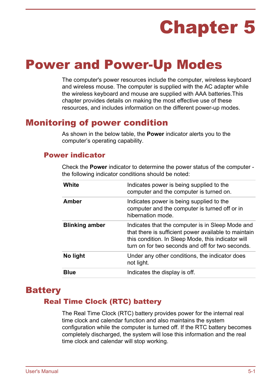 Chapter 5 power and power-up modes, Monitoring of power condition, Power indicator | Battery, Real time clock (rtc) battery, Chapter 5, Power and power-up modes, Monitoring of power condition -1 battery -1, Then indicate the status. please refer to the | Toshiba Qosmio DX730 User Manual | Page 110 / 142