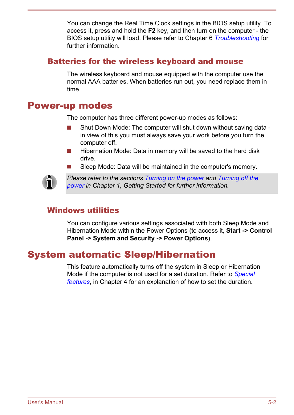 Batteries for the wireless keyboard and mouse, Power-up modes, Windows utilities | System automatic sleep/hibernation | Toshiba Qosmio DX730 User Manual | Page 111 / 142