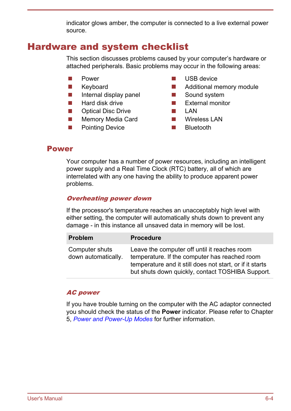 Hardware and system checklist, Power, Hardware and system checklist -4 | Toshiba Qosmio DX730 User Manual | Page 115 / 142