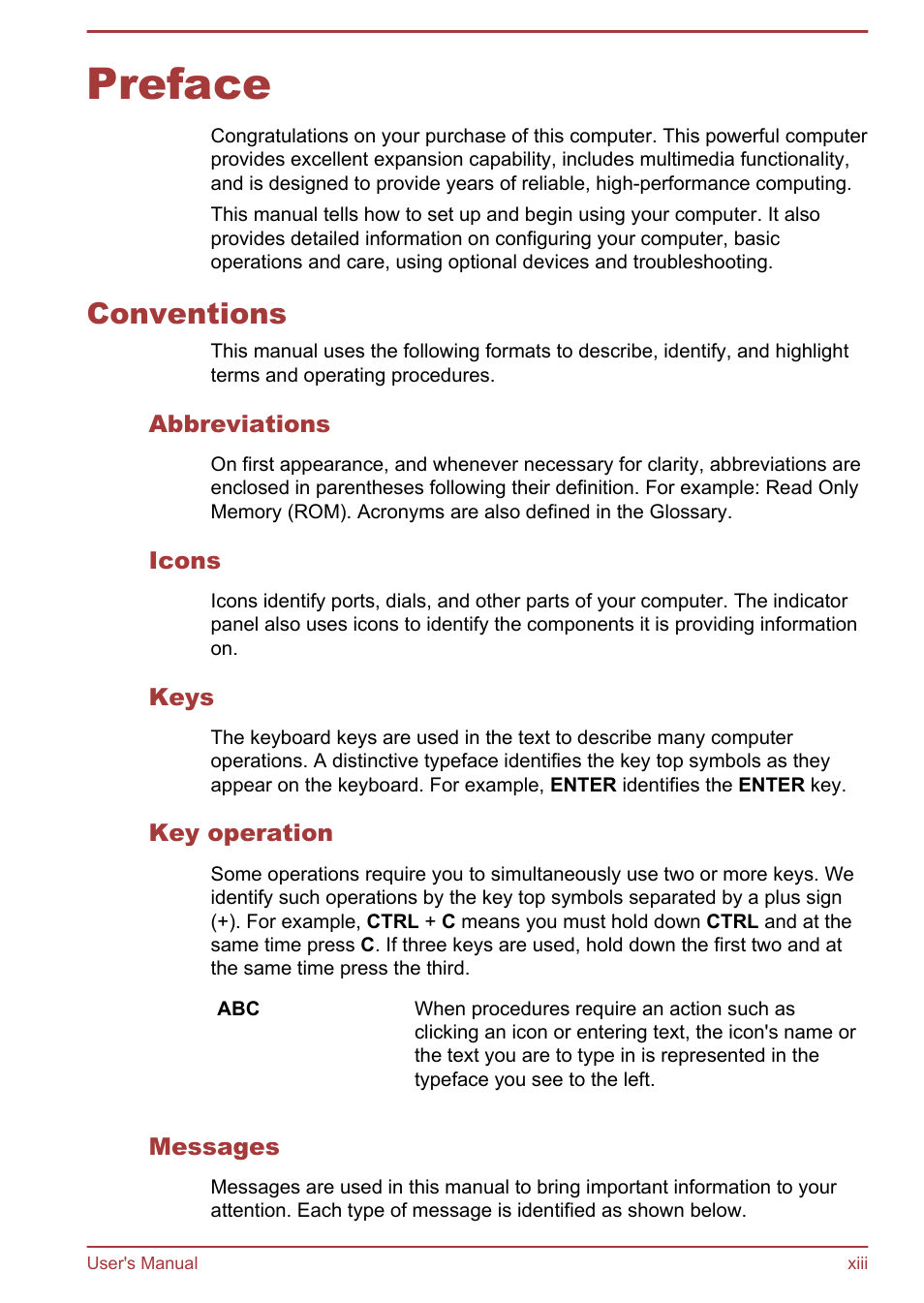 Preface, Conventions, Abbreviations | Icons, Keys, Key operation, Messages | Toshiba Qosmio DX730 User Manual | Page 13 / 142