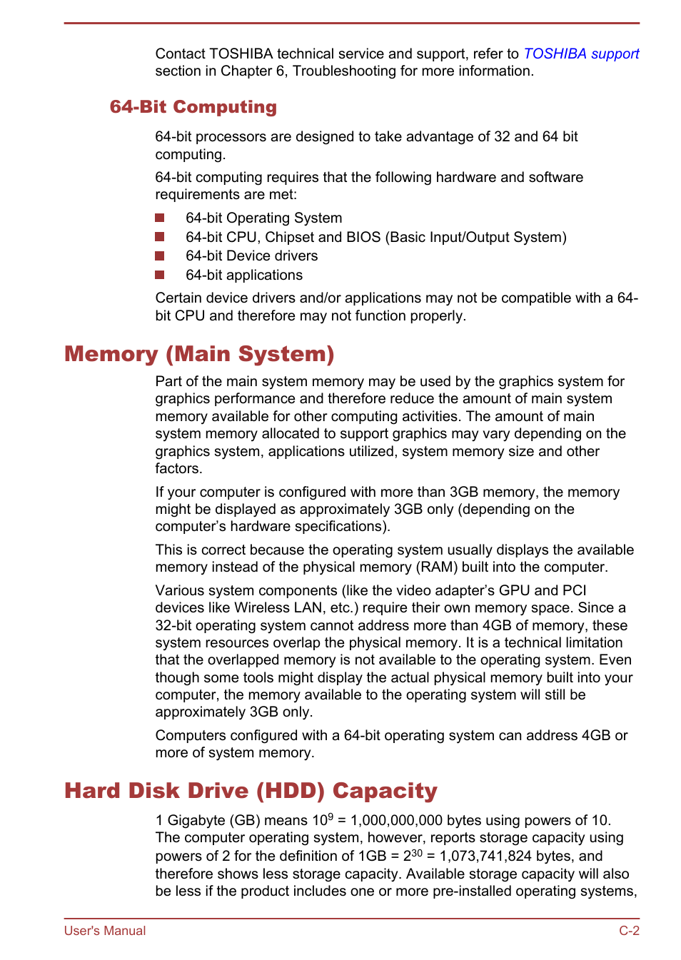 Bit computing, Memory (main system), Hard disk drive (hdd) capacity | Toshiba Qosmio DX730 User Manual | Page 130 / 142