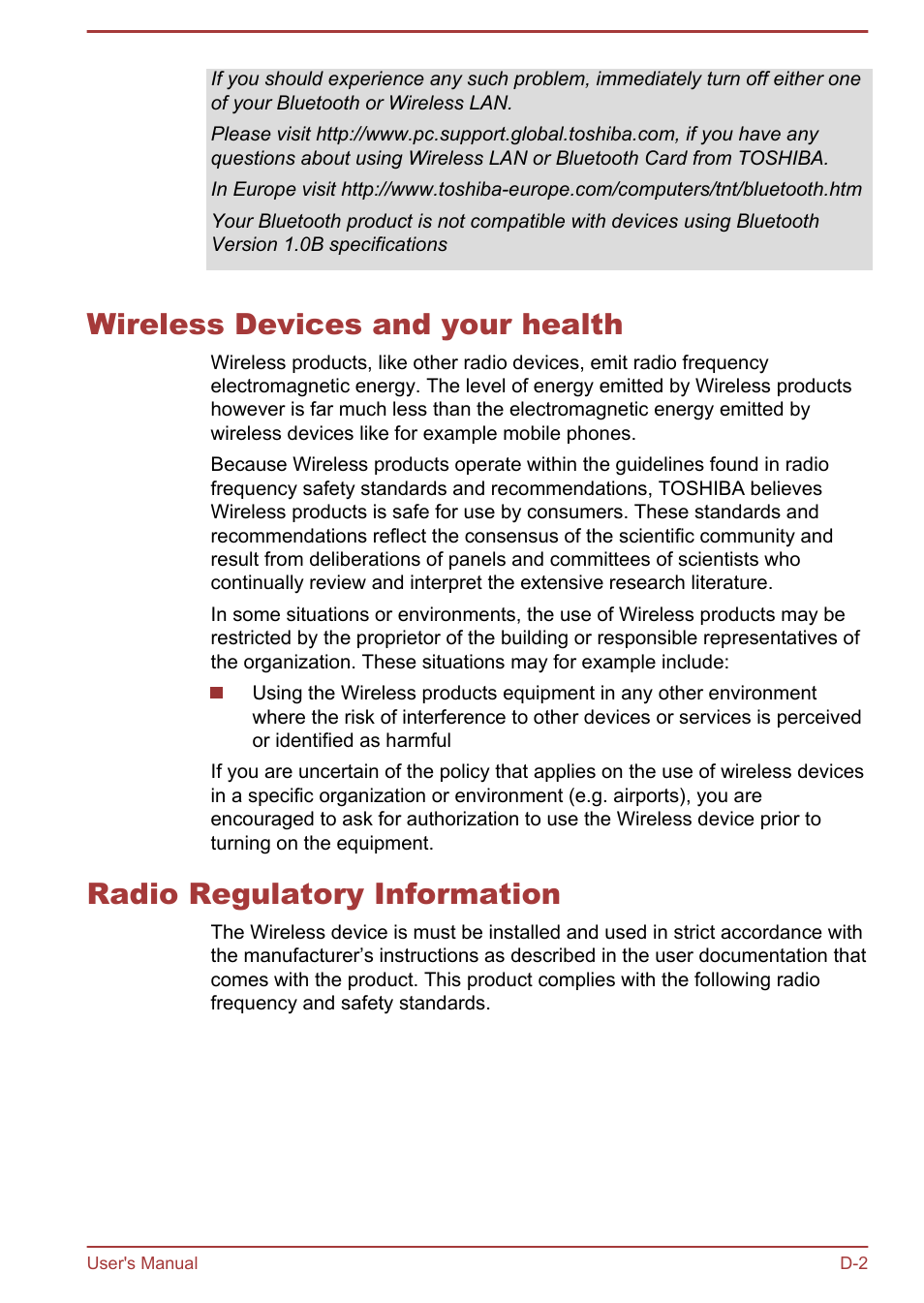 Wireless devices and your health, Radio regulatory information | Toshiba Qosmio DX730 User Manual | Page 133 / 142