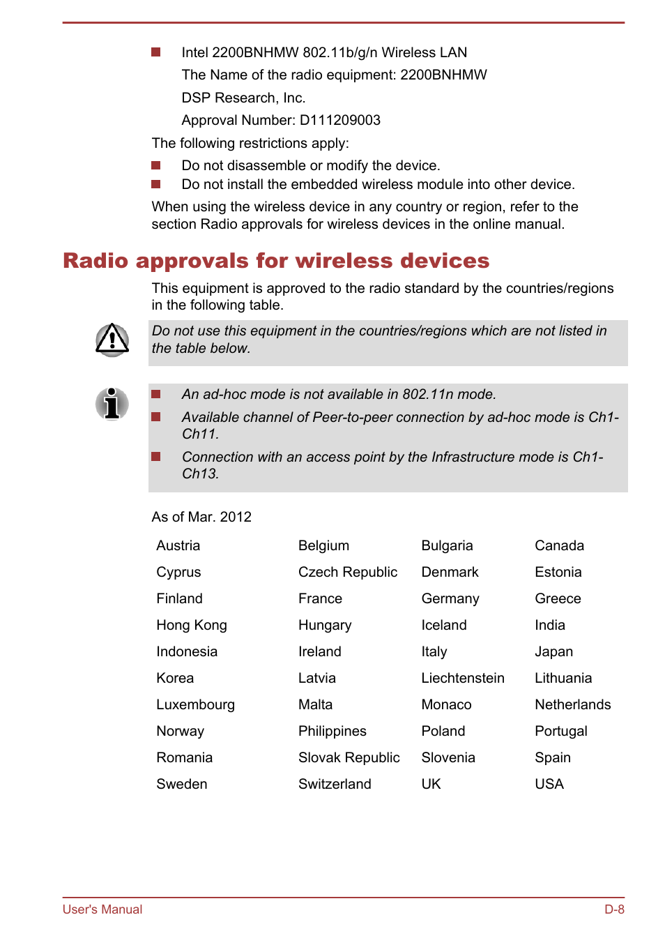 Radio approvals for wireless devices | Toshiba Qosmio DX730 User Manual | Page 139 / 142