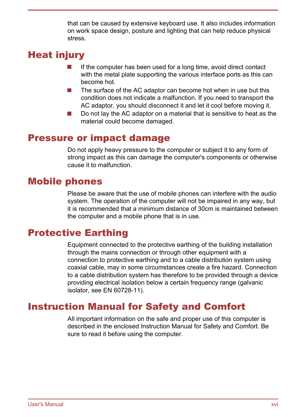 Heat injury, Pressure or impact damage, Mobile phones | Protective earthing, Instruction manual for safety and comfort | Toshiba Qosmio DX730 User Manual | Page 16 / 142