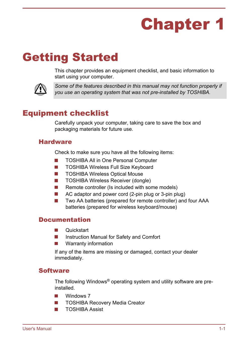 Chapter 1 getting started, Equipment checklist, Hardware | Documentation, Software, Chapter 1, Getting started, Equipment checklist -1 | Toshiba Qosmio DX730 User Manual | Page 17 / 142