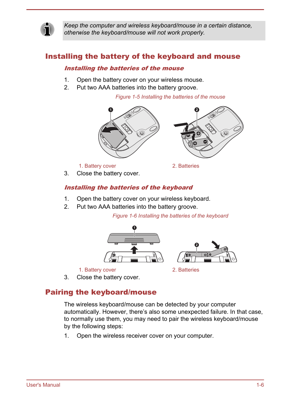 Installing the battery of the keyboard and mouse, Pairing the keyboard/mouse | Toshiba Qosmio DX730 User Manual | Page 22 / 142