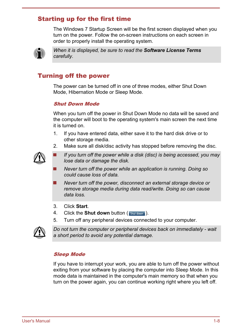 Starting up for the first time, Turning off the power | Toshiba Qosmio DX730 User Manual | Page 24 / 142