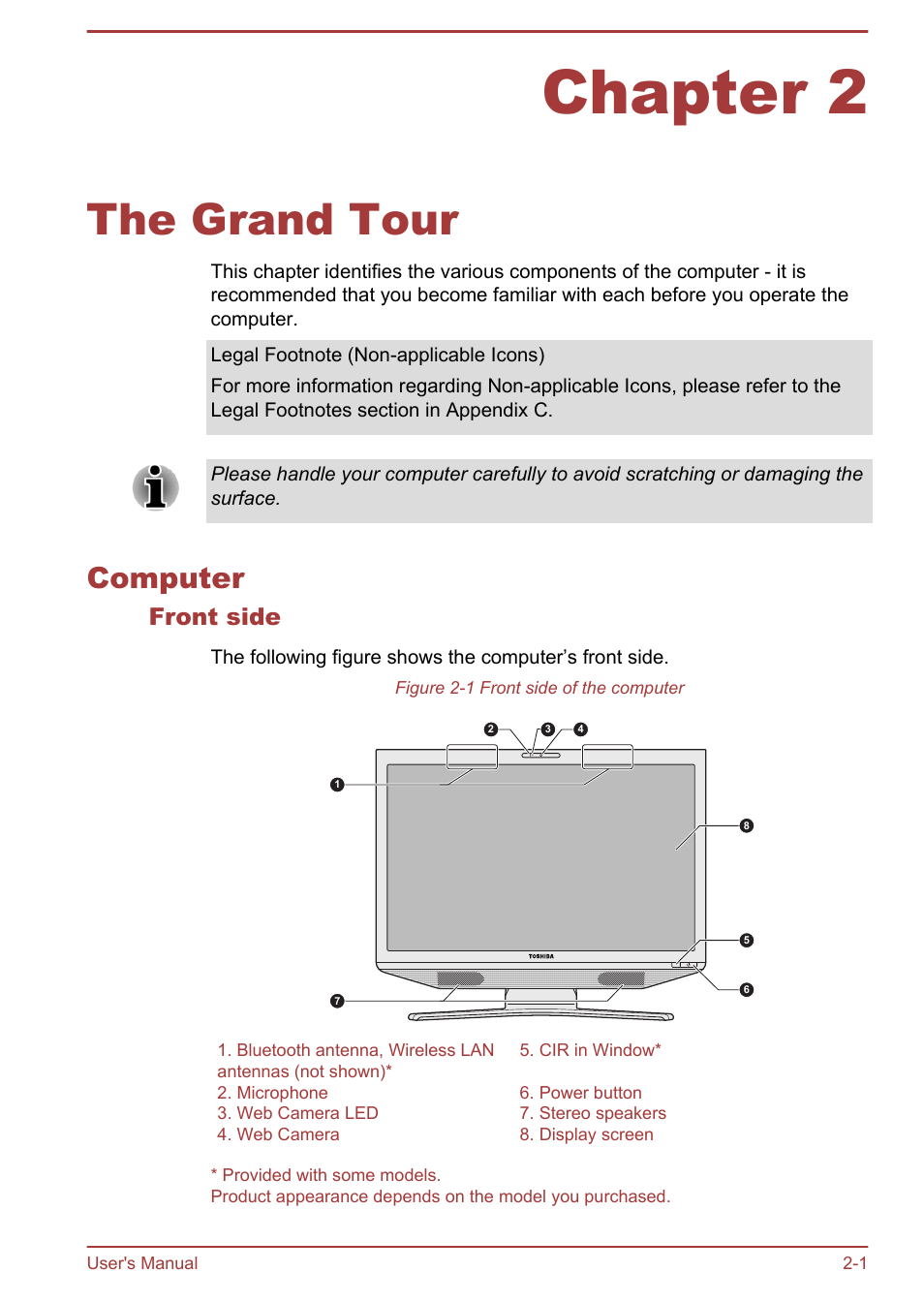 Chapter 2 the grand tour, Computer, Front side | Chapter 2, The grand tour, Computer -1 | Toshiba Qosmio DX730 User Manual | Page 28 / 142