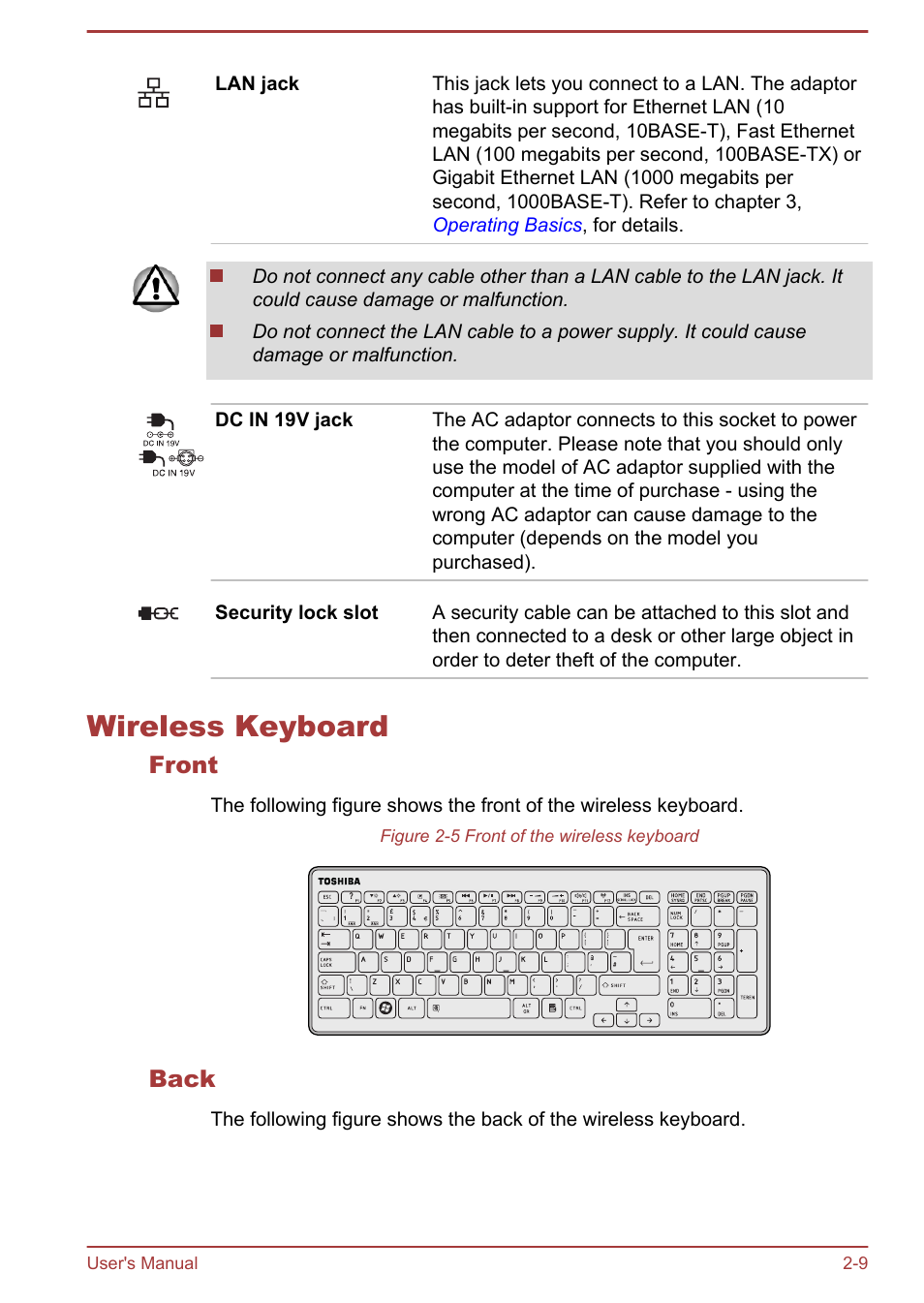 Wireless keyboard, Front, Back | Wireless keyboard -9 | Toshiba Qosmio DX730 User Manual | Page 36 / 142