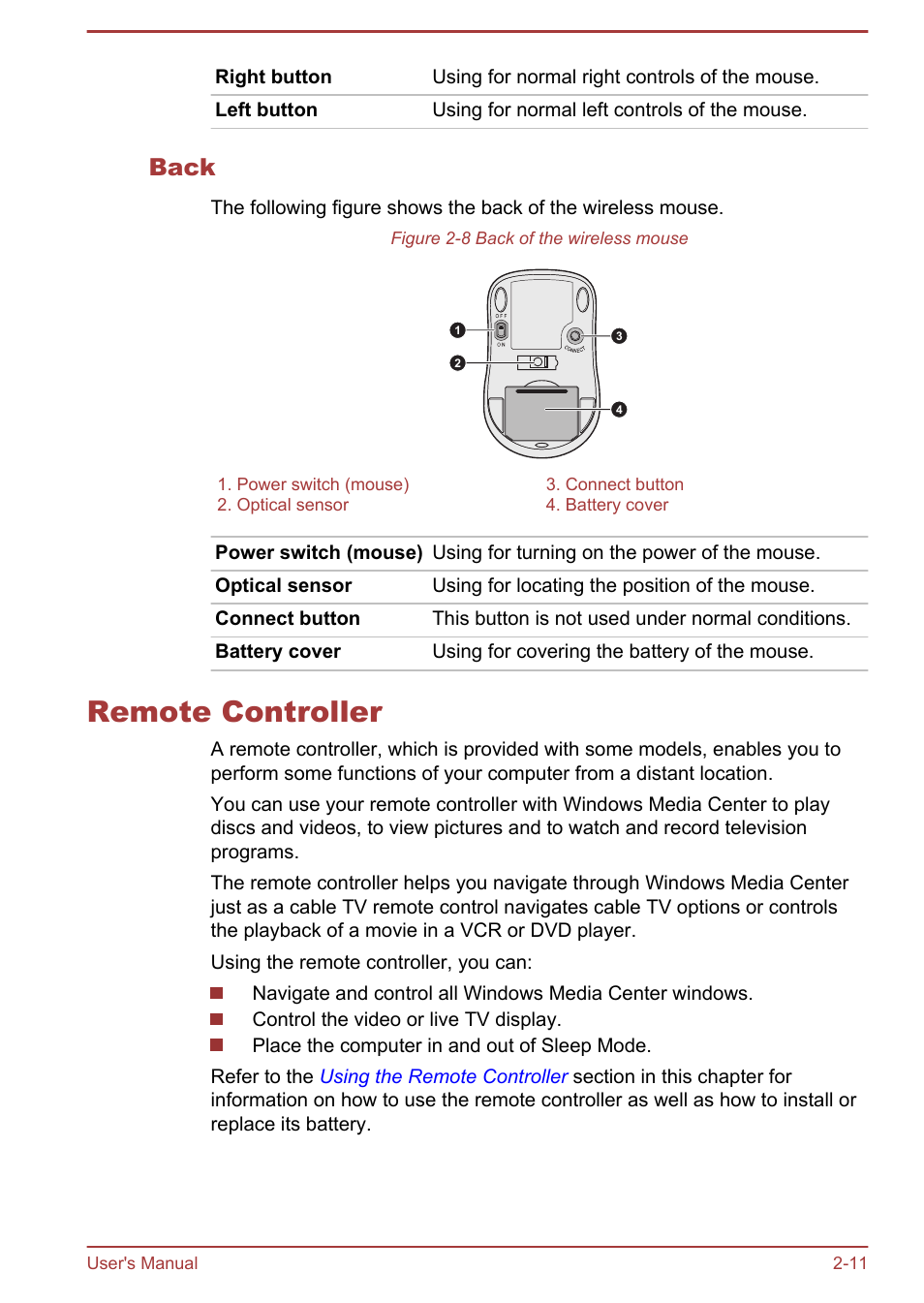 Back, Remote controller, Remote controller -11 | Toshiba Qosmio DX730 User Manual | Page 38 / 142