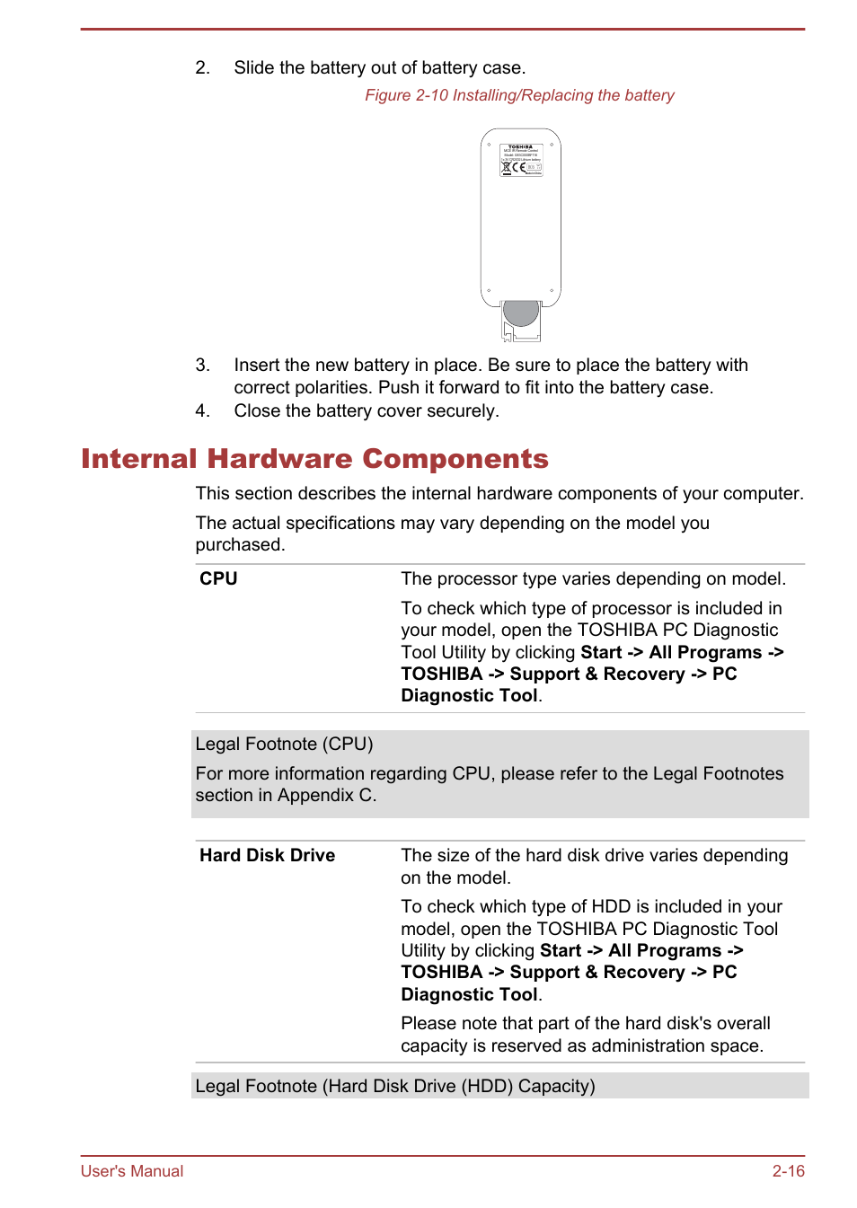 Internal hardware components, Internal hardware components -16, Slide the battery out of battery case | Toshiba Qosmio DX730 User Manual | Page 43 / 142
