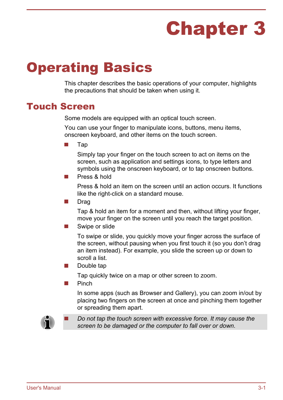 Chapter 3 operating basics, Touch screen, Chapter 3 | Operating basics, Touch screen -1, For details | Toshiba Qosmio DX730 User Manual | Page 46 / 142