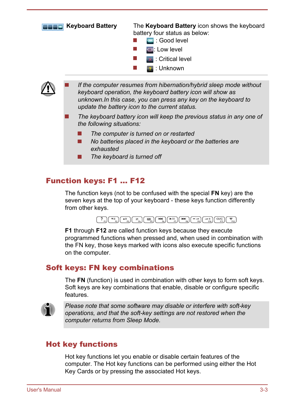 Function keys: f1 … f12, Soft keys: fn key combinations, Hot key functions | Toshiba Qosmio DX730 User Manual | Page 48 / 142