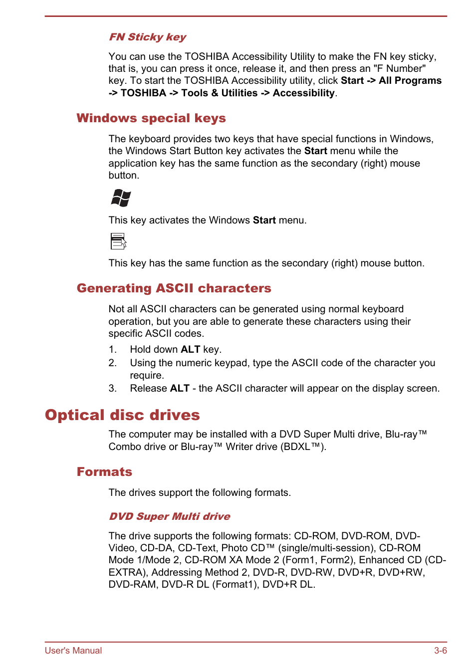 Windows special keys, Generating ascii characters, Optical disc drives | Formats, Optical disc drives -6 | Toshiba Qosmio DX730 User Manual | Page 51 / 142