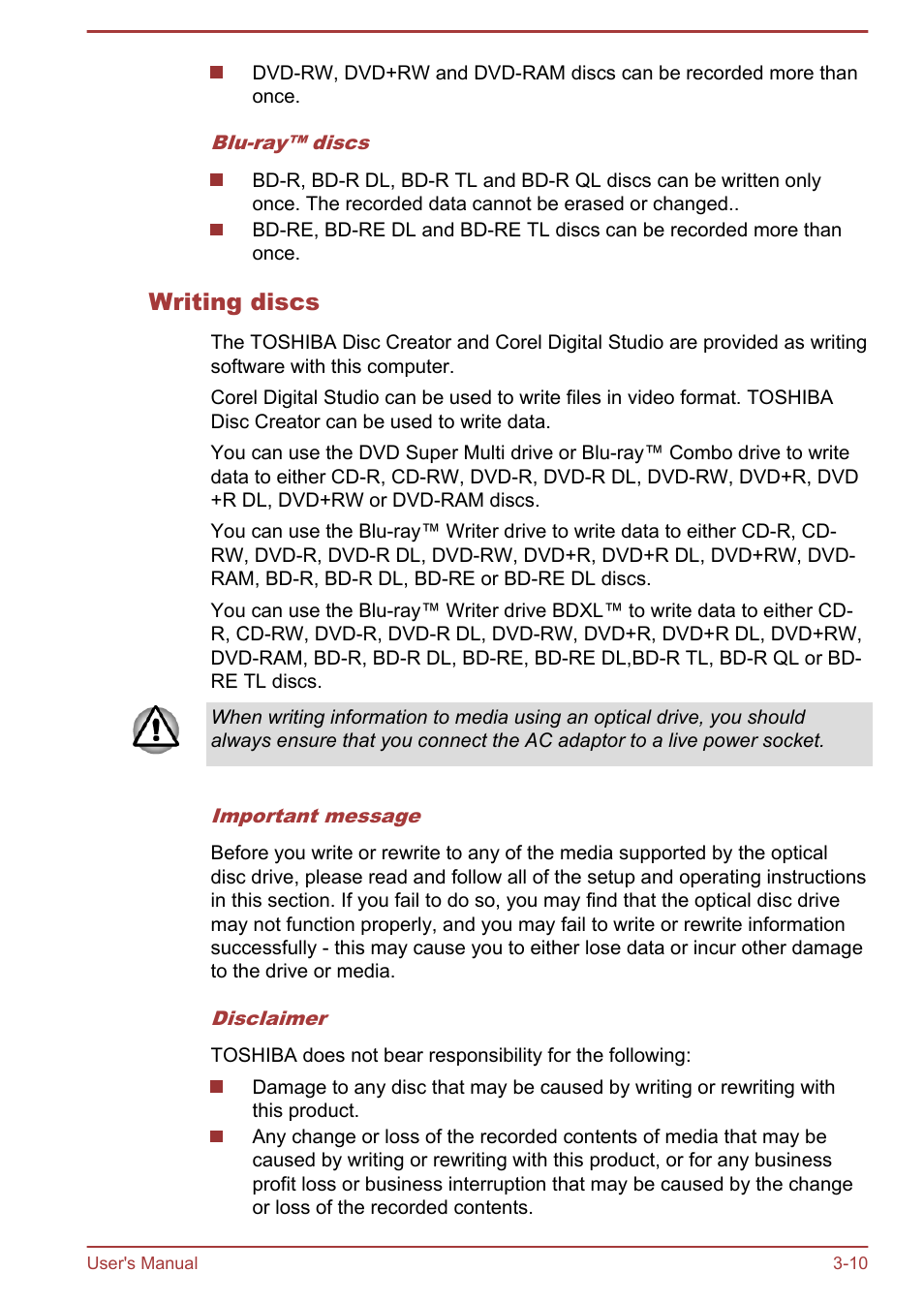 Writing discs | Toshiba Qosmio DX730 User Manual | Page 55 / 142